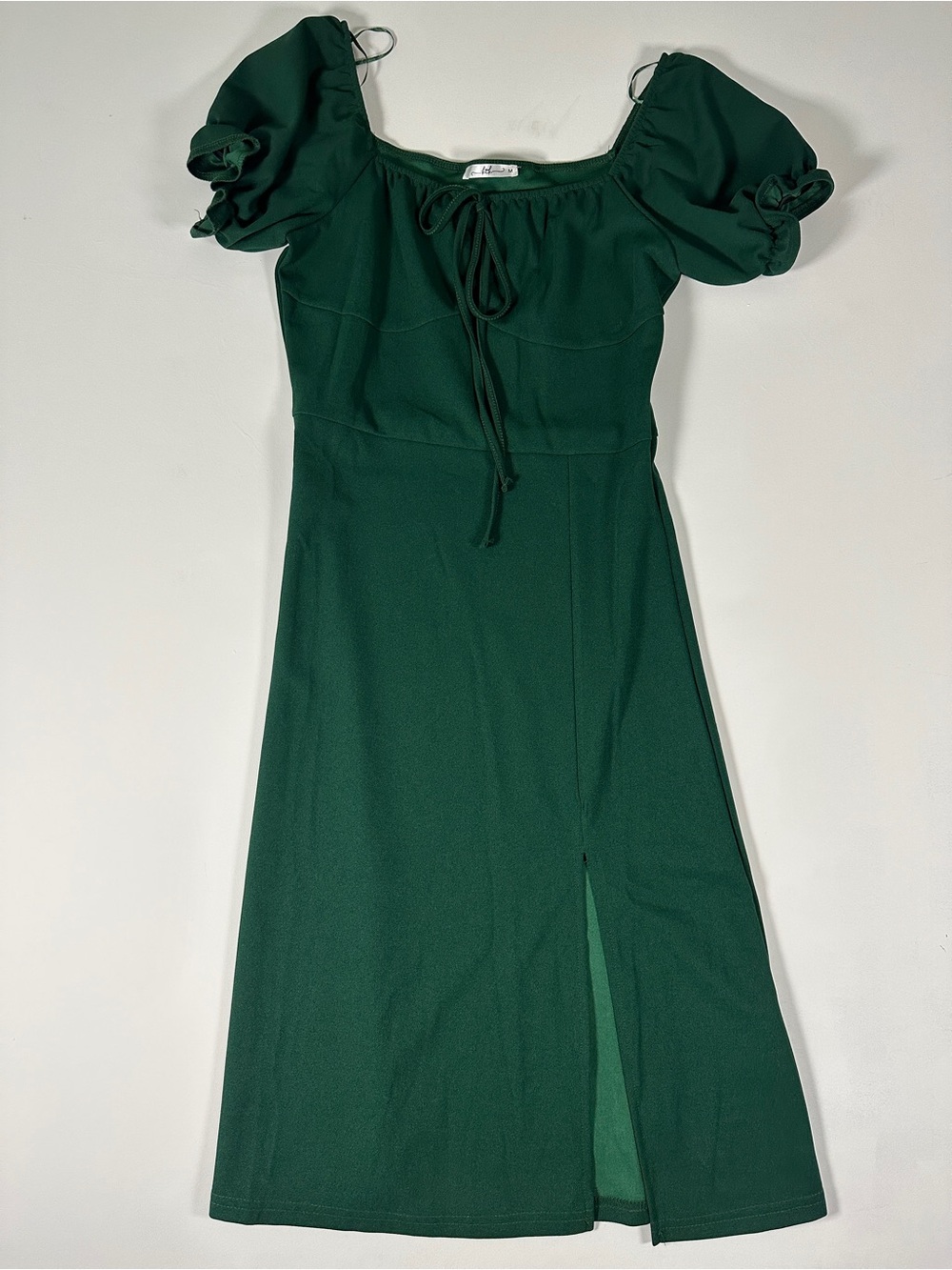 Puff Sleeve Midi Dress in Forest Green with tied bow